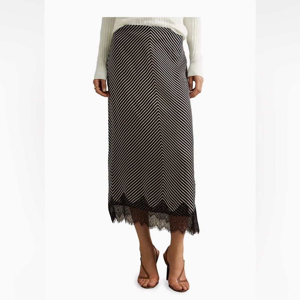 Reiss Ivy Striped Lace Trim Midi Skirt NWT